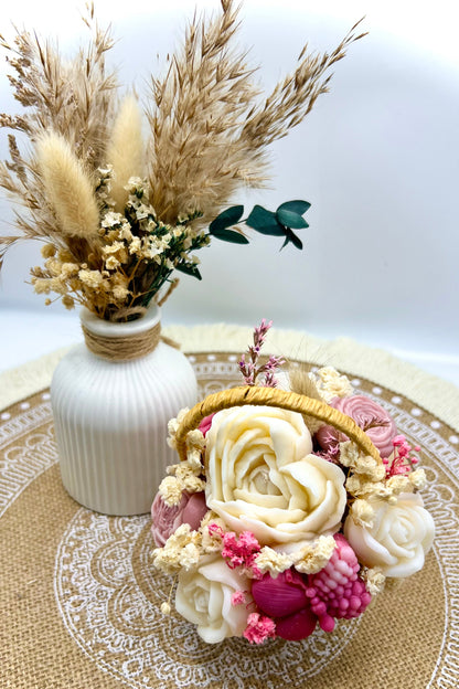 Kerzenstrauß / Kerzenbouquet mit Wax Melts & Blütenkerzen in Holzbox oder Präsentkörbchen
