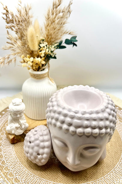 🪷 Buddha Duftlampe aus Keramik – Ölbrenner & Wachs-Melt Lampe in Grau | Stilvolle Raumdekoration & Entspannung