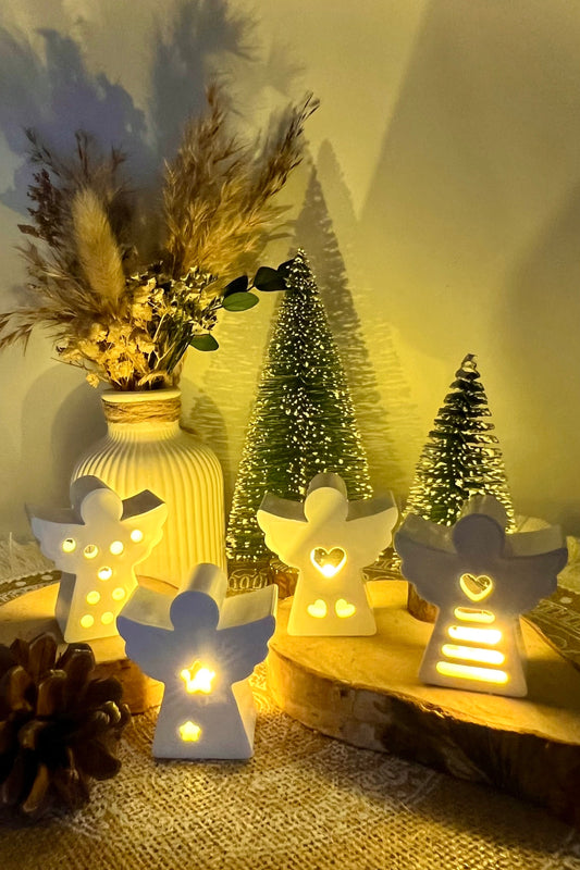 Leuchtengel aus handgegossener Keramik inkl. LED-Licht & Geschenkverpackung – Weihnachtsdeko & Geschenkidee