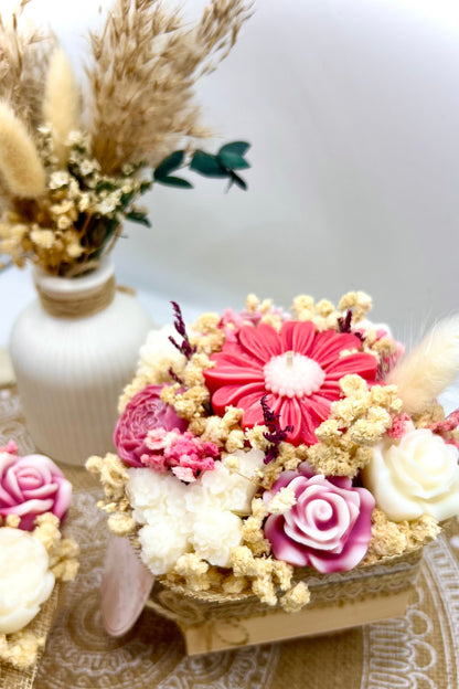 🌸 Kerzenbouquet im Holzgefäß – Schwimmkerze & Waxmelts-Blüten