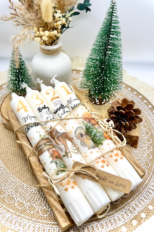 Adventskerzen Set – handgefertigte Kerzen mit Holzbox, stilvolle Weihnachtsdeko & Geschenkidee
