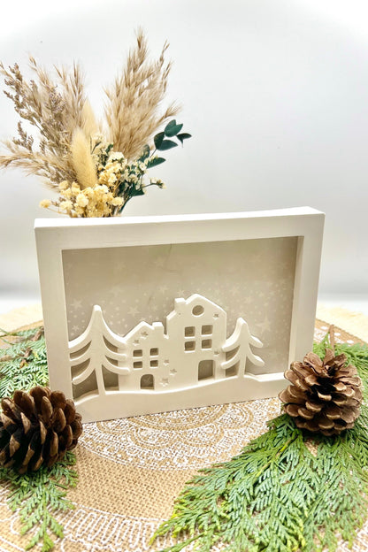 „Winterland“ Lichtbilderrahmen – handgegossene Keramik mit Mini-Lichterkette, Winterdeko & Geschenkidee