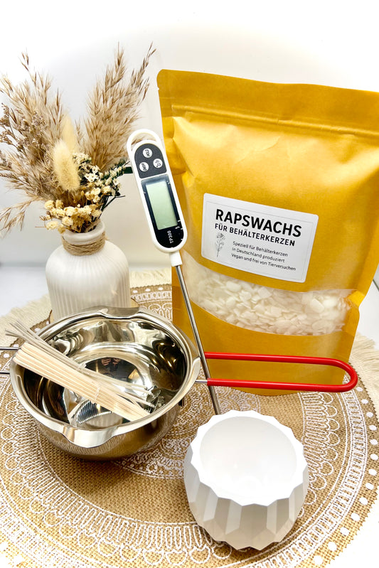 Kerzen gießen Set – Rapswachs für Behälterkerzen mit / ohne Keramikgefäß (250 g / 500 g)