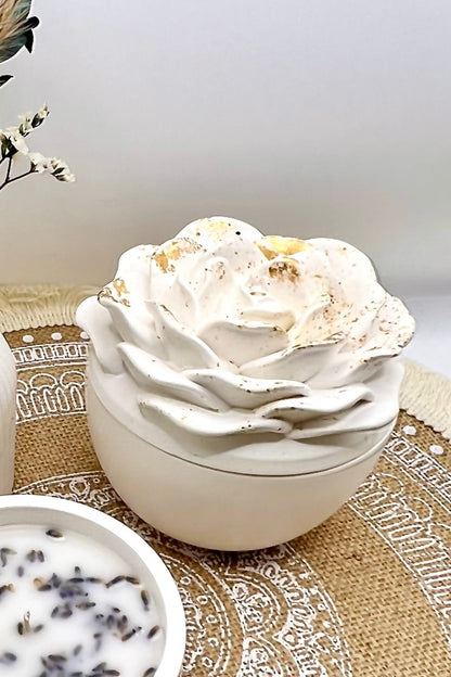 Große Elegant Rose - Rosen Schalen Kerze mit Blattgold (verschiedene Düfte)