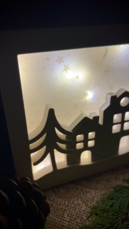 „Winterland“ Lichtbilderrahmen – handgegossene Keramik mit Mini-Lichterkette, Winterdeko & Geschenkidee